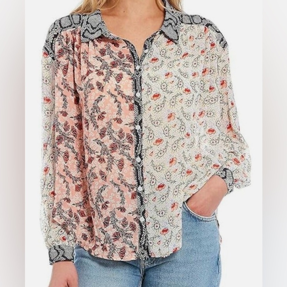 Free People Dani Mixed Paisley Print Button Blouse Light